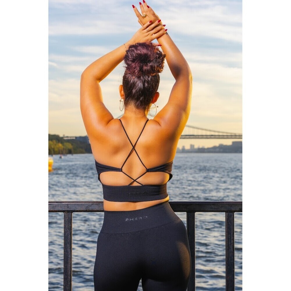 Black Strappy Sports Bra Crop Top Open Back Athleisure Yoga Activewear